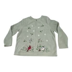 Vintage Croft Barrow Women's Green 1X Fleece Cardinals Winter Theme Cardigan